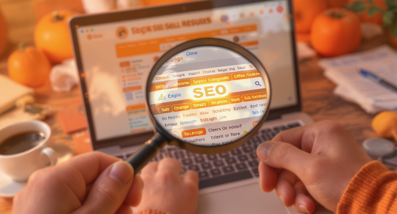 A magnifying glass over a computer screen showing search engine results, symbolizing SEO.